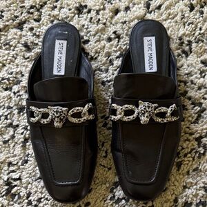 Steve Madden Black Loafer Mules with Leopard Embellishment
